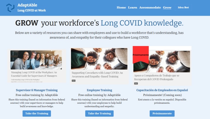 The AdaptAble digital interface. The heading says GROW your workforce's Long COVID knowledge. There are links to trainings and resources for employees, supervisors, and managers in English and Spanish.