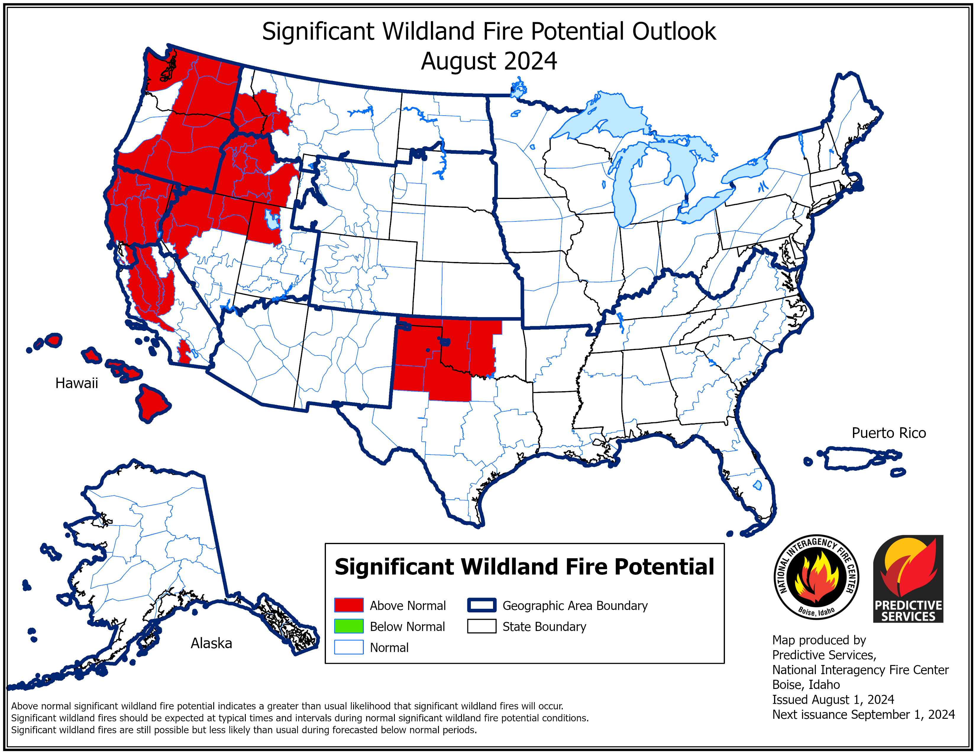 Map of the U.S. showing areas with above, below, and near normal significant fire potential for August 2024.