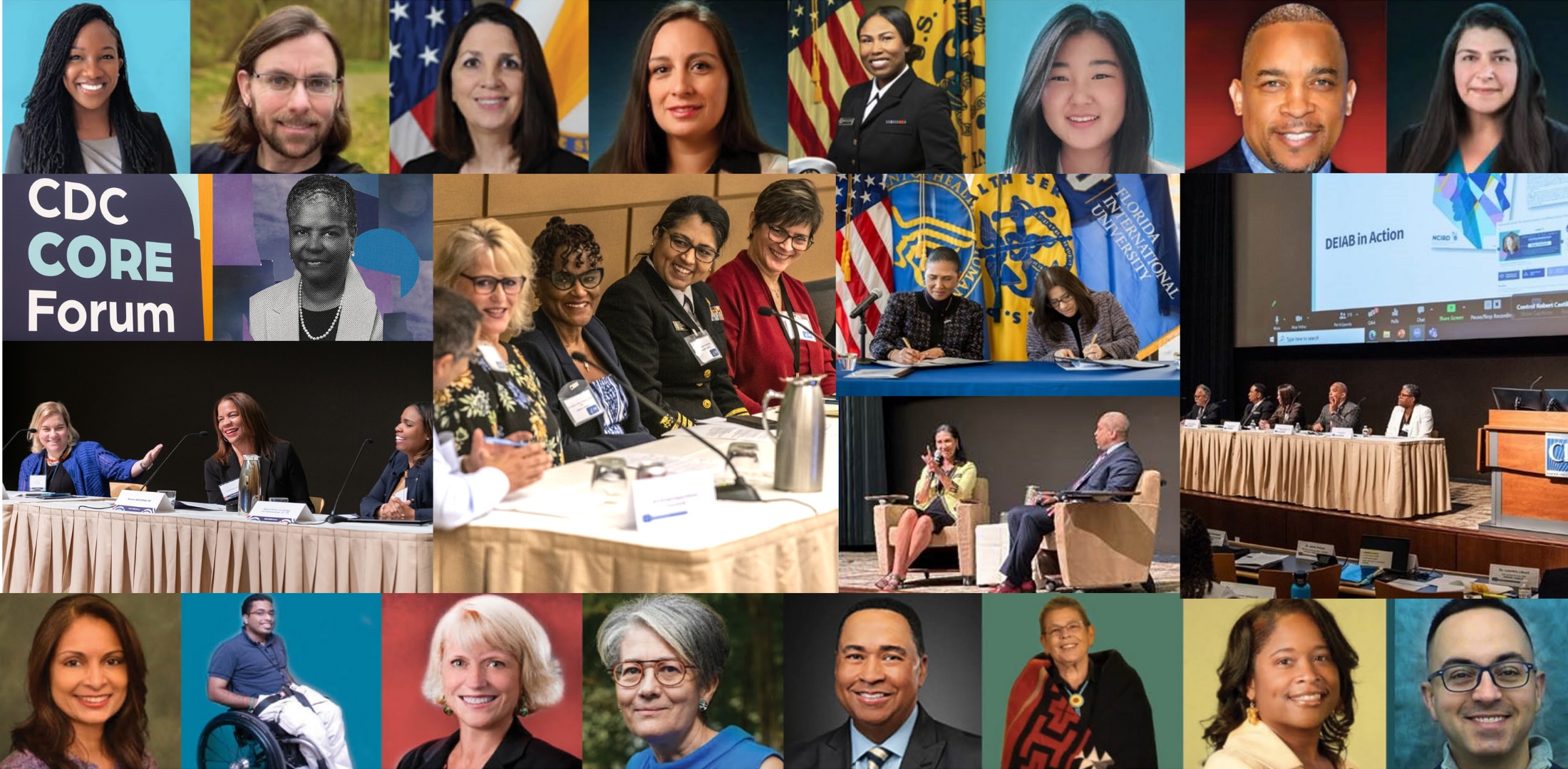 Collage of CDC employees official portraits and at public and press events.