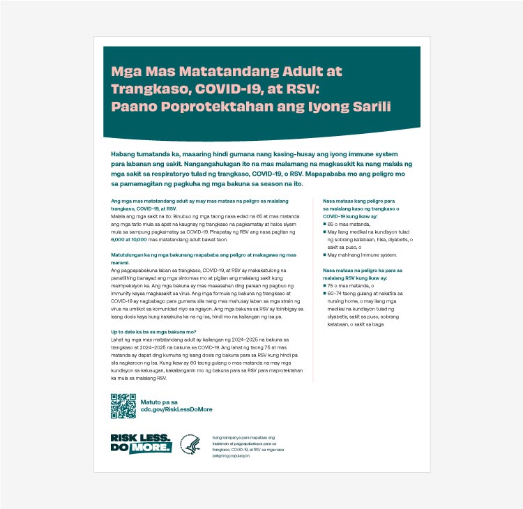 Fact sheet in Filipino for older adults on how to stay protected against severe illness from flu, COVID-19, and RSV thumbnail.