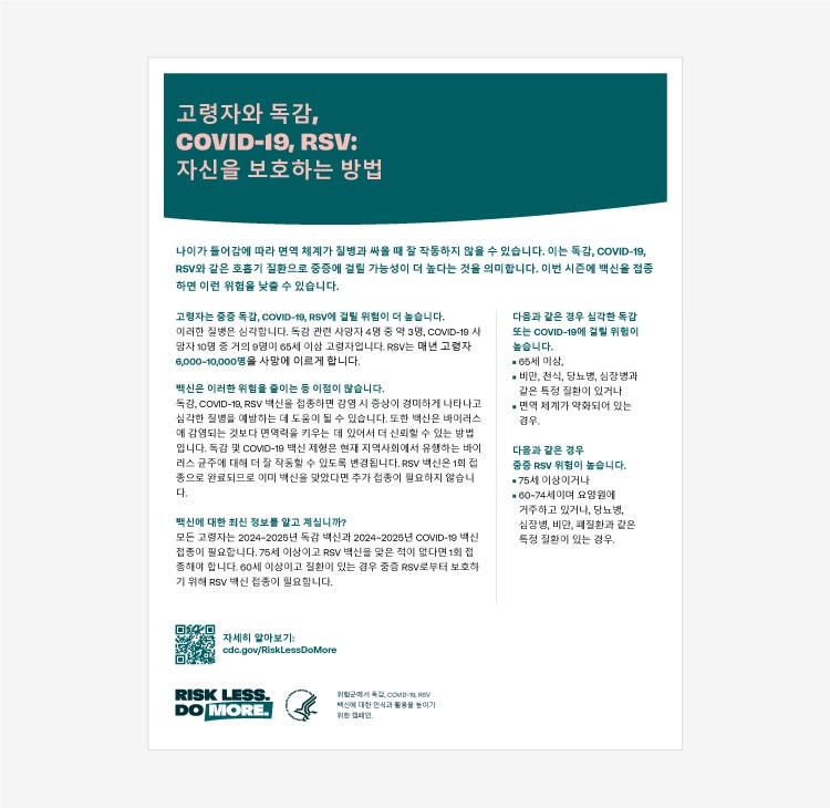 Fact sheet in Korean for older adults on how to stay protected against severe illness from flu, COVID-19, and RSV thumbnail.