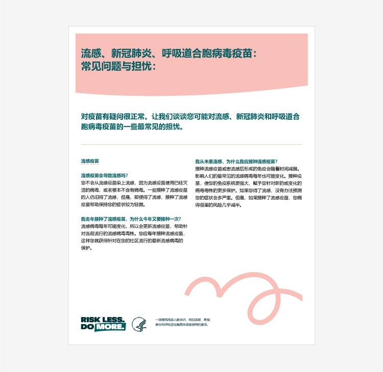 Fact sheet in Chinese (simplified) for older adults addressing common questions and concerns about flu, COVID-19, and RSV vaccines thumbnail.