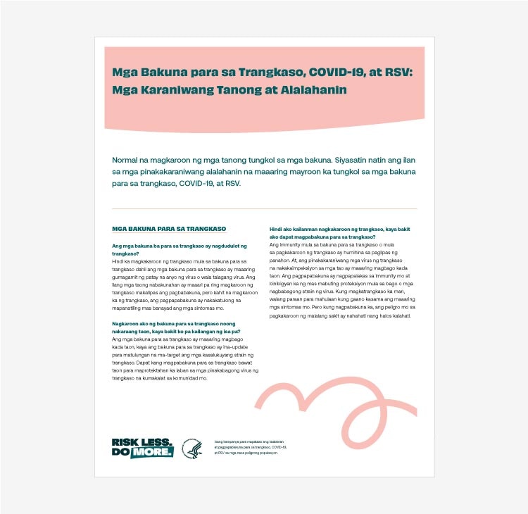 : Fact sheet in Filipino for older adults addressing common questions and concerns about flu, COVID-19, and RSV vaccines thumbnail.