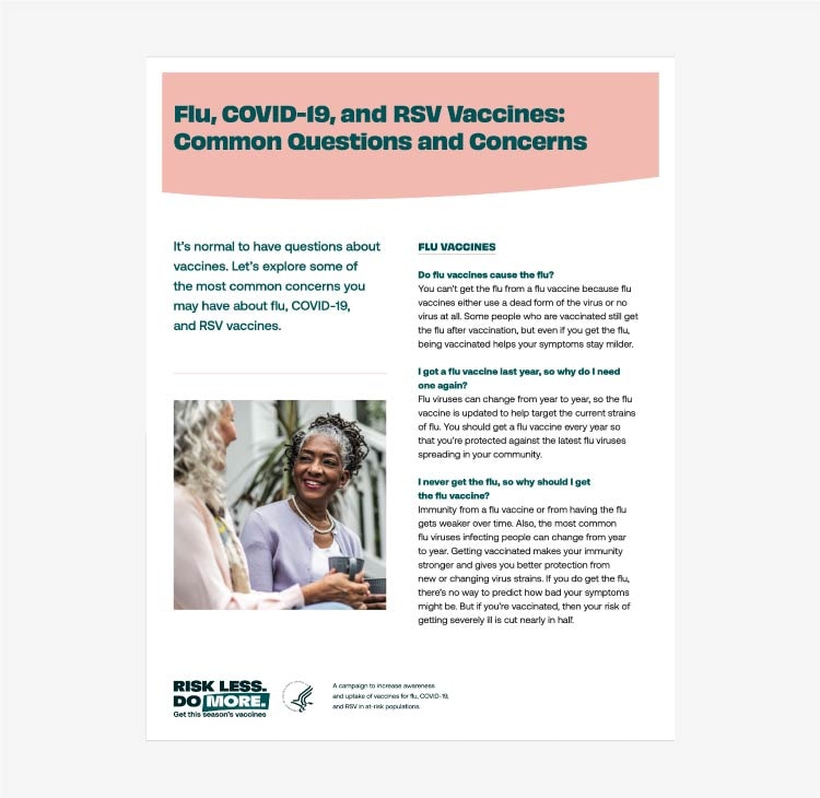 Fact sheet for older adults addressing common questions concerns about flu, COVID-19, and RSV vaccines thumbnail.