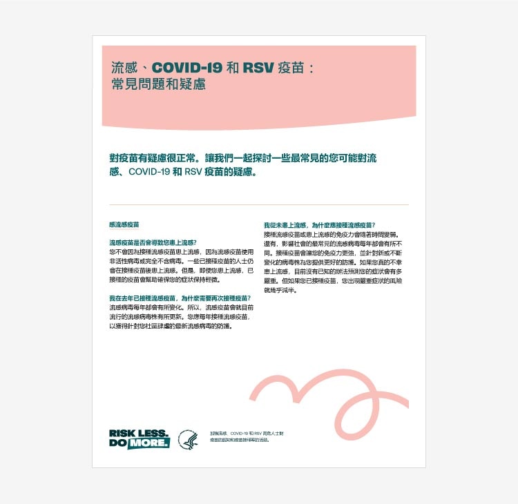 Fact sheet in Chinese (traditional) for older adults addressing common questions and concerns about flu, COVID-19, and RSV vaccines thumbnail.