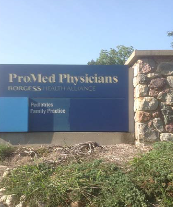 A blue sign on a stone sign display. White text: 1st line, ProMed Physicians (large text); 2nd line, BORGESS HEALTH ALLIANCE (smaller text); 3rd line, Pediatrics (smaller text); and 4th line, Family Practice (same size as 3rd line).