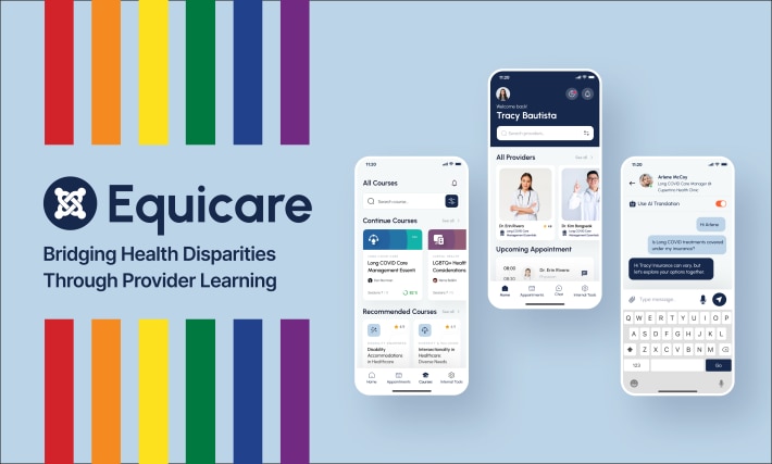 An image of the Equicare logo, with the tagline Bridging Health Disparities Through Provider Learning. The logo is surrounded by stripes in rainbow colors. To the right of the logo, there are three phones, each with different examples of screens that exist in the Equicare app. There is a screen with courses, one with different healthcare providers, and one with messages.