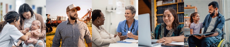 Collage of a diverse group of people served in health and human service settings.