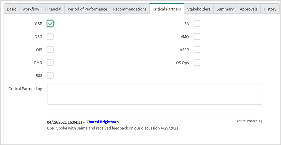 Figure 14: Critical Partner Engagement Log