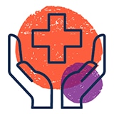 Illustrated icon of an orange and purple cross floating over open hands