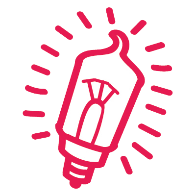 Illustrated outline of a tilted red lightbulb