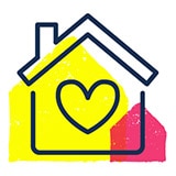 Illustrated icon of a yellow and red house with a heart on it