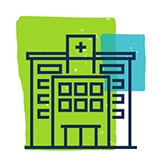 Illustrated icon of green and blue buildings including a hospital with a cross