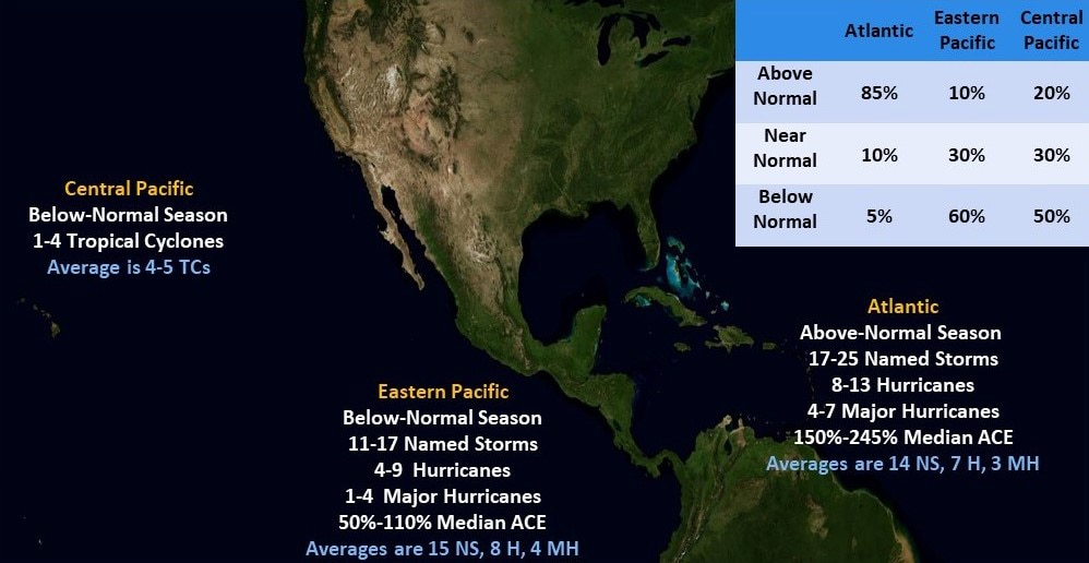 Map of the central and eastern Pacific regions that are expected to have below-normal hurricane seasons, while the Atlantic is predicted to experience an above-normal 2024 season.