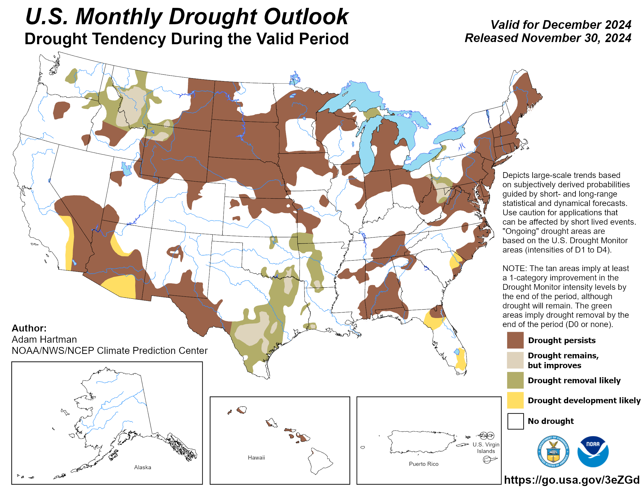 The National Weather Service Climate Prediction Center's Monthly Drought Outlook is issued at the end of each calendar month and is valid for the upcoming month.