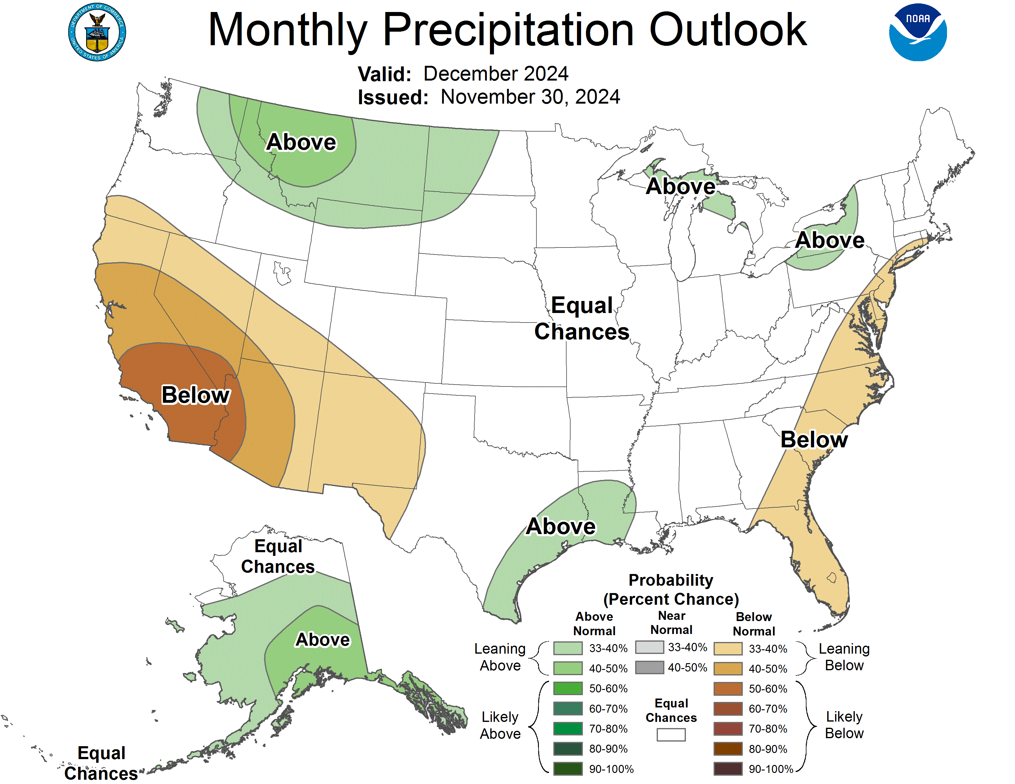 This NOAA Climate Prediction Center December precipitation outlook shows the most likely outcome in terms of probabilities. Higher probabilities mean higher confidence, but this is not the only possible outcome.