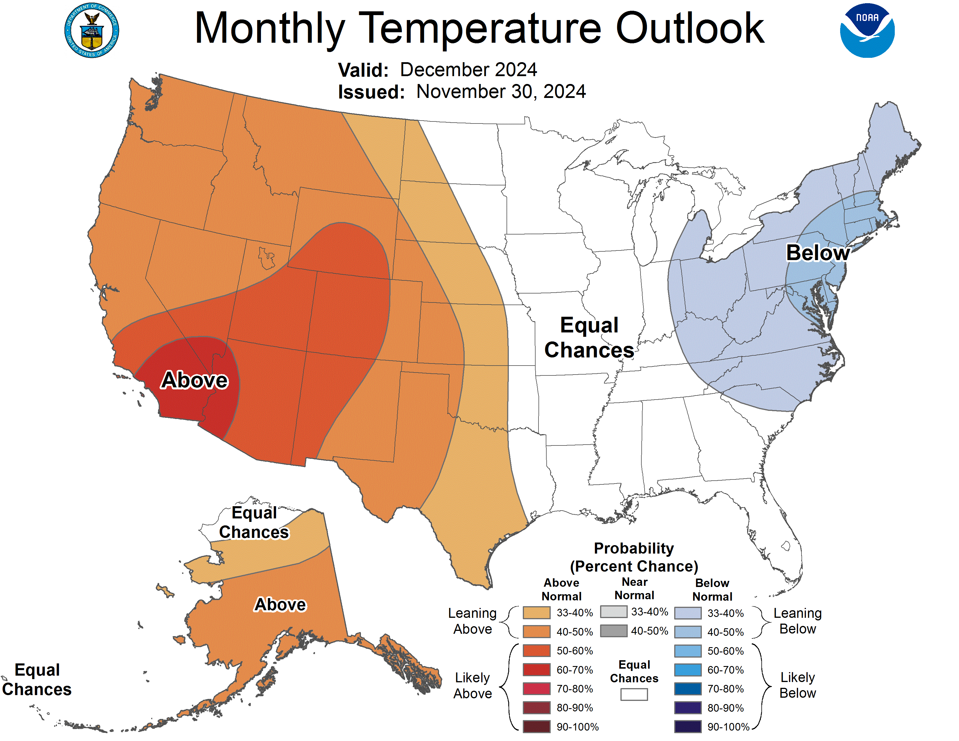 This NOAA Climate Prediction Center December temperature outlook shows the most likely outcome in terms of probabilities, but this is not the only possible outcome.