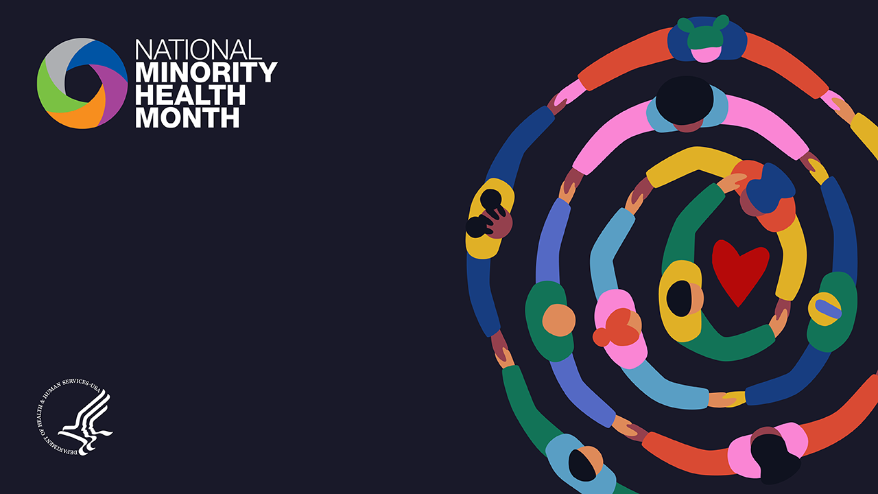 National Minority Health Month. Illustration of a spiral of people in colorful clothing, linking arms. HHS and Office of Minority Health logos at the bottom.