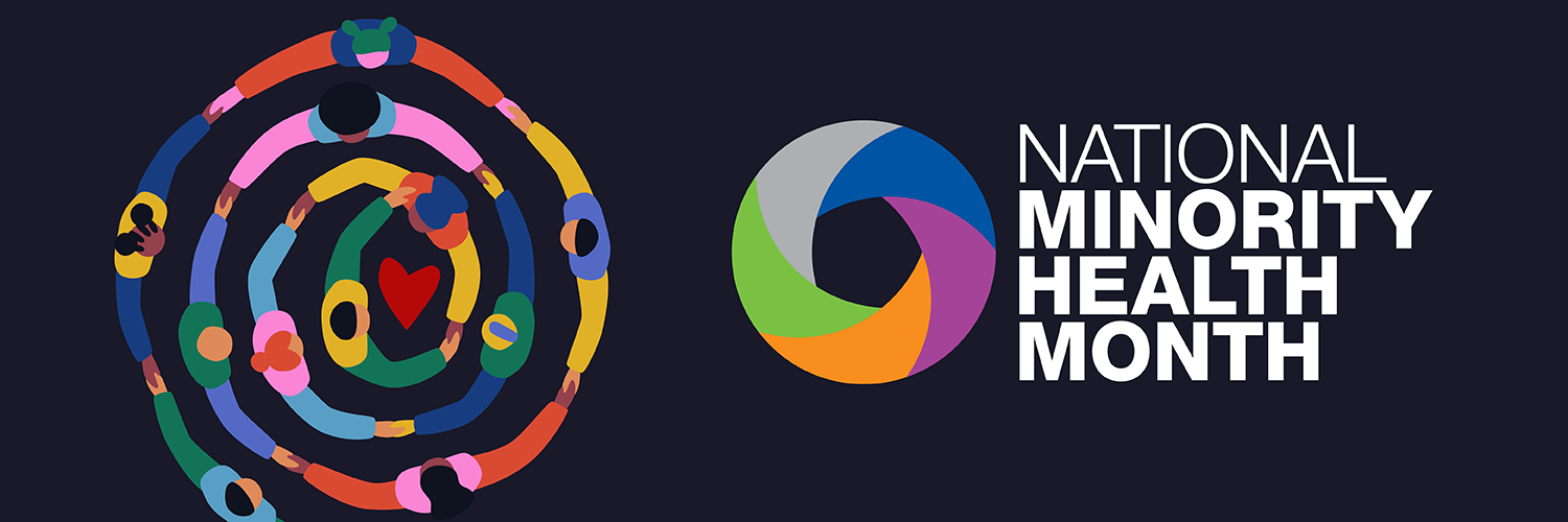 National Minority Health Month. Illustration of a spiral of people in colorful clothing, linking arms. HHS and Office of Minority Health logos at the bottom.