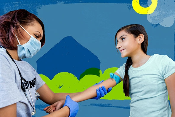 A female medical worker in a face mask inspecting a young girl's arm at a vaccination clinic.