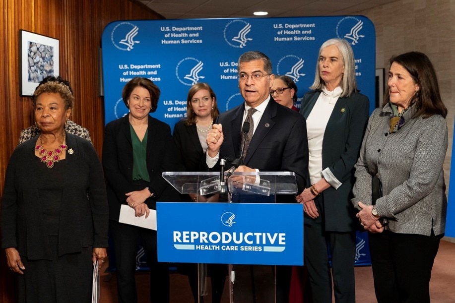 Secretary Xavier Becerra holds a press conference at HHS in Washington, D.C. on access to reproductive health care.