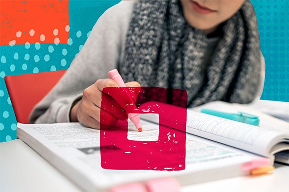 Red square on top of a photo of a young woman marking up a textbook with pink highlighter