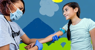 A female medical worker in a face mask preparing a young girl for a blood draw.