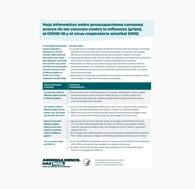 Vista previa: Hoja informativa sobre preocupaciones comunes acerca de las vacunas contra la gripe, el COVID-19 y el virus respiratorio sincitial, o VRS (RSV por sus siglas en inglés)