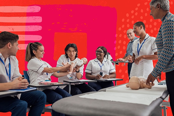 Two male students and two female students pass around a baby doll as one adult male and two adult female medical instructors observe