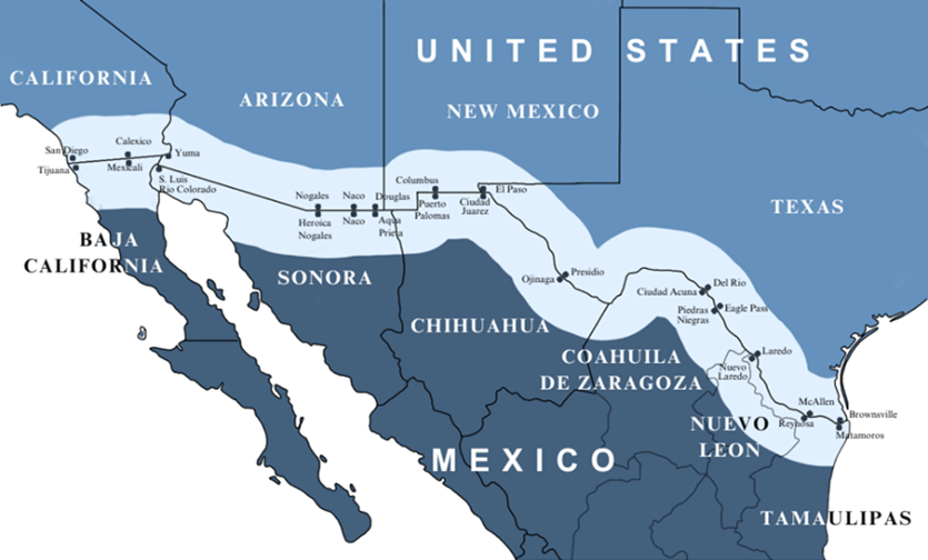 The map describes the counties and municipalities that create the US-Mexico border region. 